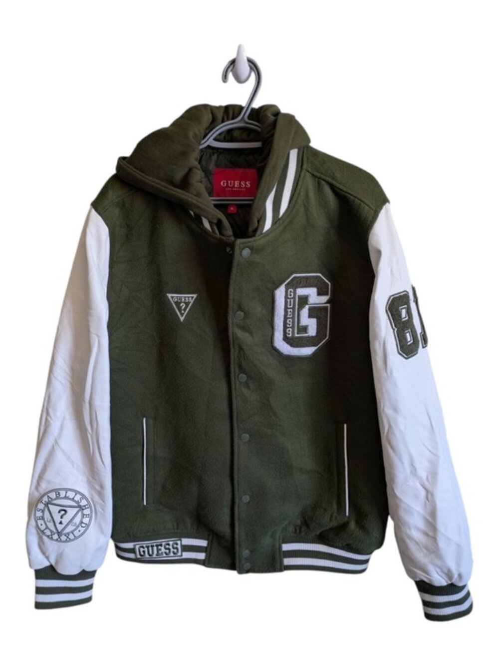 Guess Varsity Jacket Olive/White Faux Leather Removeable Inner/Hood Size XL‎